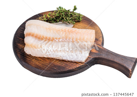 Tender Pacific cod loin, raw fish fillet featuring a light hue and flaky texture, perfect for pan-searing or steaming. isolated on white background. top view 137445647