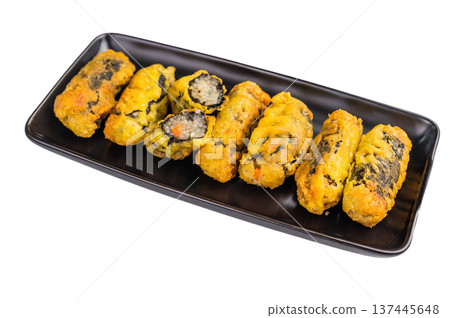 Nori Roll Gimmari, Kimmari Korean Snack with Minced Chicken and Seaweed Wrap. isolated on white background. top view Nori Roll Gimmari, Kimmari Korean Snack with Minced Chicken and Seaweed Wrap. isolated on white background. top view 137445648