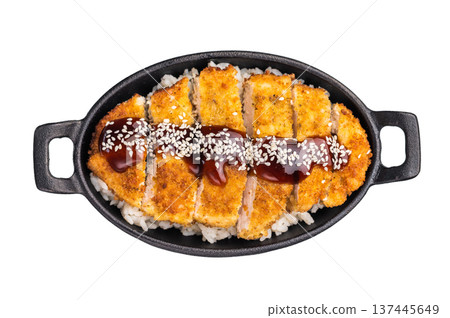 Crunchy Japanese cutlet katsu, seasoned to perfection and served with a side of rice and sauce. isolated on white background. top view Crunchy Japanese cutlet katsu, seasoned to perfection and served with a side of rice and sauce. isolated on white background. top view 137445649