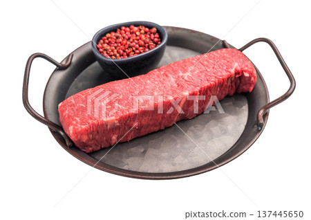 High quality marbled wagyu beef steak, ready to be transformed into a gourmet masterpiece. A delicious choice for any meat lover's palate. isolated on white background. top view High quality marbled wagyu beef steak, ready to be transformed into a gourmet masterpiece. A delicious choice for any meat lover's palate. isolated on white background. top view 137445650