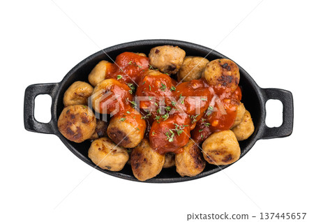 Hearty meatballs, beef balls, bursting with flavor and served in a rich tomato sauce. A beloved dish that combines tradition and taste for every occasion. isolated on white background. top view 137445657