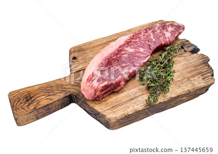 Fresh raw Brazilian picanha steak, beef meat, showcasing its rich marbling and vibrant color. isolated on white background. top view Fresh raw Brazilian picanha steak, beef meat, showcasing its rich marbling and vibrant color. isolated on white background. top view 137445659