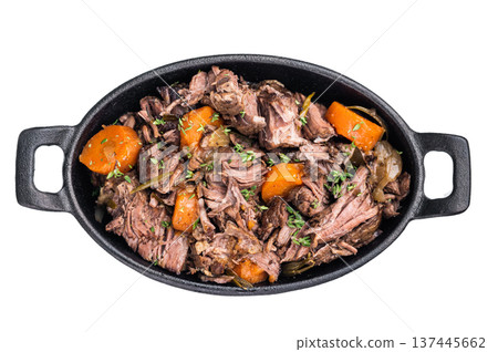 Skillet of beef bourguignon with tender beef, carrots, and mushrooms isolated on a white background. top view Skillet of beef bourguignon with tender beef, carrots, and mushrooms isolated on a white background. top view 137445662