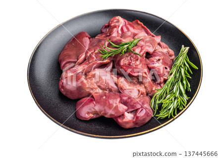 Raw chicken liver, featuring a glossy sheen and rich hue. A versatile ingredient that brings bold flavors to any culinary creation. isolated on white background. top view Raw chicken liver, featuring a glossy sheen and rich hue. A versatile ingredient that brings bold flavors to any culinary creation. isolated on white background. top view 137445666