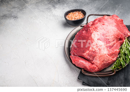 Beautifully arranged raw boneless beef shank pieces on a rustic platter, inviting creativity in the kitchen for delicious slow-cooked meals. grey background. top view Beautifully arranged raw boneless beef shank pieces on a rustic platter, inviting creativity in the kitchen for delicious slow-cooked meals. grey background. top view 137445690
