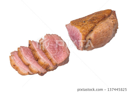 Sliced cooked duck breast with crispy skin on white background showcasing juicy tender meat ideal for gourmet food stock images. 137445825