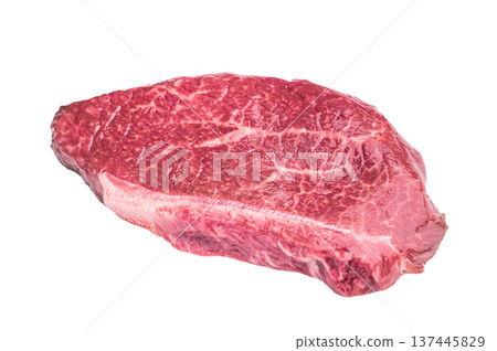 Raw Wagyu chuck steak with rich marbling on a clean white background similar in texture to zabuton cuts perfect for premium food stock. Raw Wagyu chuck steak with rich marbling on a clean white background similar in texture to zabuton cuts perfect for premium food stock. 137445829