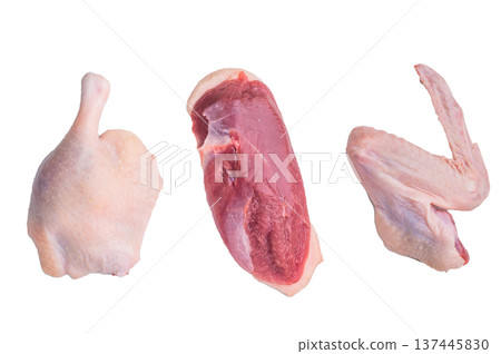 Raw duck thigh breast and wing arranged on white background ideal for gourmet poultry cooking and fresh ingredient stock images. 137445830