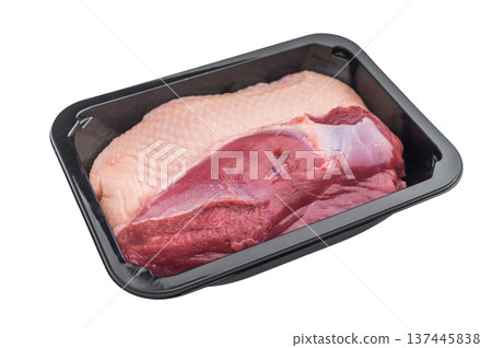 Raw duck breasts skin on and skinless packed in black plastic tray on white background ideal for gourmet poultry and food stock images. Raw duck breasts skin on and skinless packed in black plastic tray on white background ideal for gourmet poultry and food stock images. 137445838