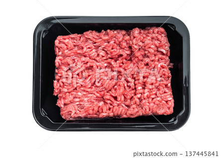 Uncooked ground mince beef packaged in black container on white backdrop ideal for butcher, grocery and cooking preparation visuals. 137445841