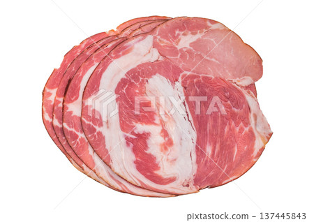 Thin sliced Italian coppa capicola pork with rich marbling on a clean white background ideal for gourmet charcuterie stock images. Thin sliced Italian coppa capicola pork with rich marbling on a clean white background ideal for gourmet charcuterie stock images. 137445843