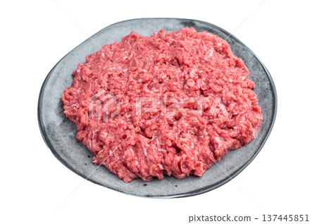 Fresh raw ground mince pork and beef meat on gray plate over white background showing detailed minced texture ideal for cooking, butcher and protein visuals. Fresh raw ground mince pork and beef meat on gray plate over white background showing detailed minced texture ideal for cooking, butcher and protein visuals. 137445851
