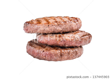 Juicy grilled meat patty cutlet with perfect grill marks, ideal for mouthwatering burgers and summer barbecues. isolated on white background. top view 137445903