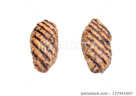 Close up of succulent grilled kofta kebabs or kebaps, showcasing rich spices and a tantalizing golden-brown crust. isolated on white background. top view 137445907