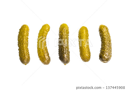 Crunchy pickled cucumbers, bursting with flavor, perfect for sandwiches, salads, or as a tangy snack. isolated on white background Crunchy pickled cucumbers, bursting with flavor, perfect for sandwiches, salads, or as a tangy snack. isolated on white background 137445908