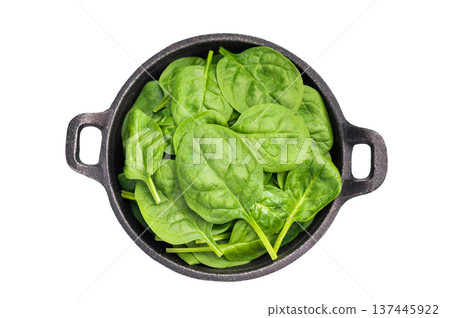 Crisp and lush fresh spinach ready for your favorite recipes, a versatile superfood for every meal. isolated on white background. top view Crisp and lush fresh spinach ready for your favorite recipes, a versatile superfood for every meal. isolated on white background. top view 137445922