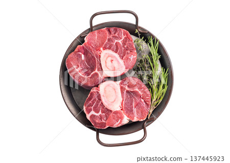 Freshly cross cut shank osso buco, ossobuco meat featuring succulent meat and bone marrow, waiting to elevate your cooking experience. isolated on white background. top view 137445923