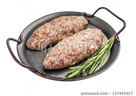 Close up of raw adana kebab meat skewers, seasoned to perfection, showcasing vibrant colors and tantalizing textures.. isolated on white background. top view 137445927