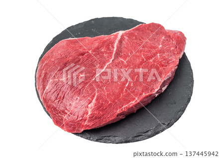 A close up of raw top sirloin beef steak, showcasing its rich color and tender texture, ideal for gourmet cooking. isolated on white background. top view A close up of raw top sirloin beef steak, showcasing its rich color and tender texture, ideal for gourmet cooking. isolated on white background. top view 137445942