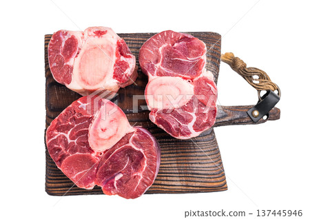 Fresh raw ossobuco Premium veal shank, ideal for slow cooking and creating hearty, comforting meals that impress. isolated on white background. top view 137445946