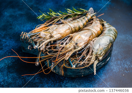 Uncooked rosenbergii fresh water shrimp ready for preparation, perfect for chefs looking to create exquisite seafood dishes. blue background. top view Uncooked rosenbergii fresh water shrimp ready for preparation, perfect for chefs looking to create exquisite seafood dishes. blue background. top view 137446036