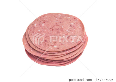Smooth pink luncheon style beef salam slices displayed on bright white backdrop perfect for bologna and mortadella themed deli images 137446096