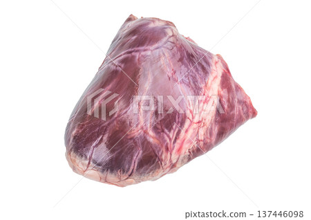 Raw heart muscle used in pork cuisine showing natural texture and connective tissue isolated on white for culinary visuals. 137446098
