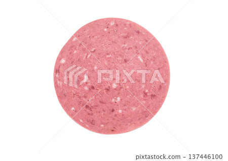 Thin round slices of Turkish salam beef sausage arranged on a clean white background ideal for deli food stock charcuterie and recipe visuals Thin round slices of Turkish salam beef sausage arranged on a clean white background ideal for deli food stock charcuterie and recipe visuals 137446100