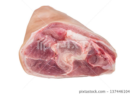 Raw pork knuckle with bone on white background showing fresh meat texture perfect for culinary use recipes butchery and food styling. 137446104