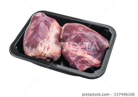 Organ heart widely used in lamb mutton dishes displaying dense muscle fibers and clean anatomical detail for butchery content. 137446106