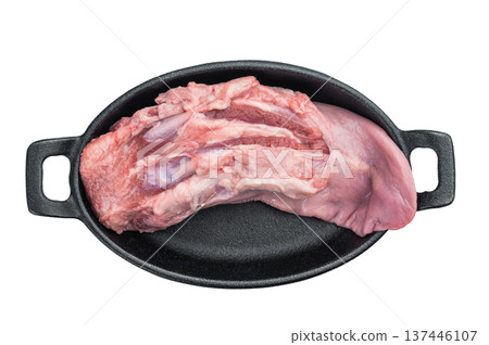 Raw pork tongue placed in cast iron pan on white background fresh organ meat ingredient for traditional cooking Raw pork tongue placed in cast iron pan on white background fresh organ meat ingredient for traditional cooking 137446107
