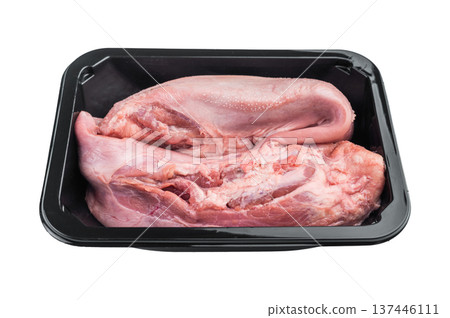 Raw pork tongues packed in black plastic tray isolated on white background fresh organ meat ingredient for retail Raw pork tongues packed in black plastic tray isolated on white background fresh organ meat ingredient for retail 137446111