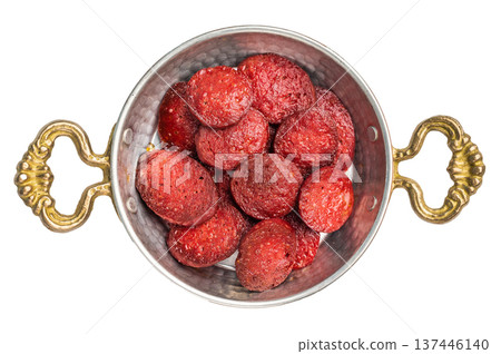 Fried Turkish sucuk (sujuk) slices in a traditional copper pan (sahan). Spicy sausage breakfast dish, top view. 137446140