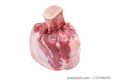 Raw veal shank with bone whole cut isolated on white background fresh uncooked meat ingredient for braising stew and osso buco Raw veal shank with bone whole cut isolated on white background fresh uncooked meat ingredient for braising stew and osso buco 137446205