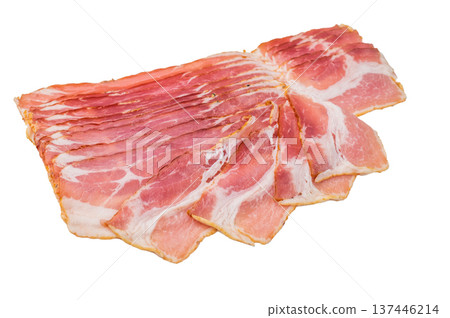 Raw cured pork bacon streaky slices with visible fat texture isolated on white ideal for breakfast and culinary use Raw cured pork bacon streaky slices with visible fat texture isolated on white ideal for breakfast and culinary use 137446214