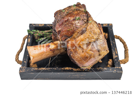 Slow cooked beef ossobuco bone marrow with herbs top view premium rustic food styling 137446218