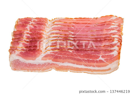 Thin sliced bacon rashers on white background perfect for cooking recipes and food design Thin sliced bacon rashers on white background perfect for cooking recipes and food design 137446219