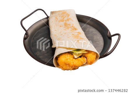 Seafood Wrap, Doner kebab with shrimps, prawns and salad isolated on white background 137446282