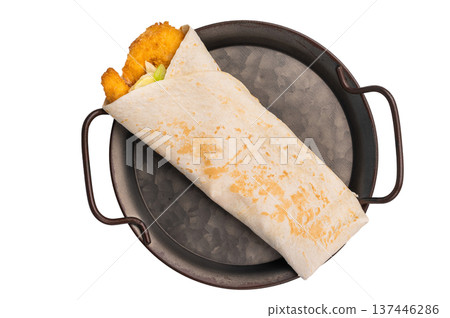 Seafood Wrap, Doner kebab with shrimps, prawns and salad isolated on white background 137446286