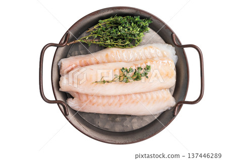 Raw Loin cod fish fillets ready for cooking whitefish in stell tray isolated on white background 137446289