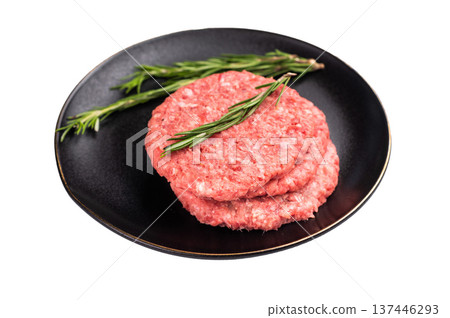 Raw veal and beef minced meat cutlets for burgers with herbs on plate isolated on white background 137446293