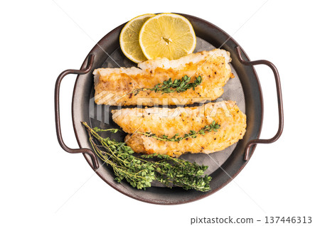 Baked Hake fish fiilet, fried whitefish meat isolated on white background Baked Hake fish fiilet, fried whitefish meat isolated on white background 137446313