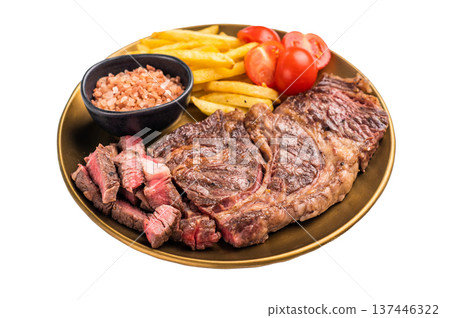 Fried BBQ Chuck eye roll steak, prime beef meat on a plate with french fry isolated on white background Fried BBQ Chuck eye roll steak, prime beef meat on a plate with french fry isolated on white background 137446322