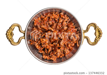 Fried minced beef with tomato paste, Bolognese sauce in a skillet isolated on white background 137446332