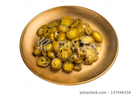 Pickled Jalapeno, Marinated Green Mexican pepper Slices isolated on white background Pickled Jalapeno, Marinated Green Mexican pepper Slices isolated on white background 137446356