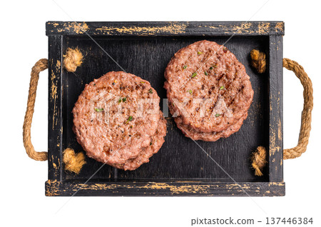Grilled hamburger mince meat patties with herbs isolated on white background Grilled hamburger mince meat patties with herbs isolated on white background 137446384