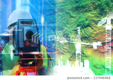 Surveyor operates precise instrument against vibrant digital backdrop 137446468