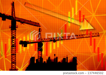 Mortgage and construction crisis concept, construction site cranes on the background of graphs in the red zone 137446502