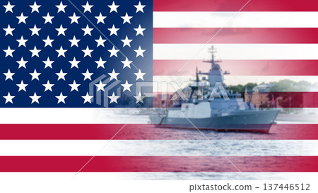 The United States Navy. A vessel with the American flag. A naval vessel. The armed symbols of the United States of America. The warship is sailing to a port in the United States. The military 137446512
