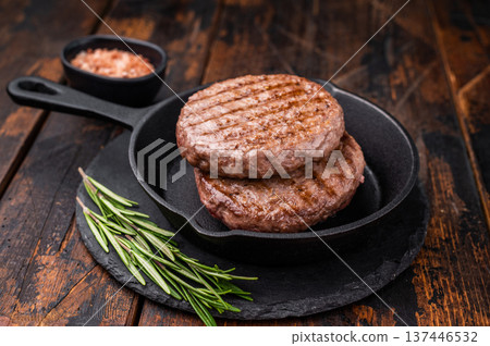 Deliciously charred grilled meat burger patty on the grill, perfect for satisfying cravings at any cookout. wooden background. top view 137446532